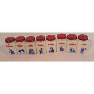 Hazel Atlas Dutch Girl Milk Glass Spice Jars Set of 8 with Red Lids